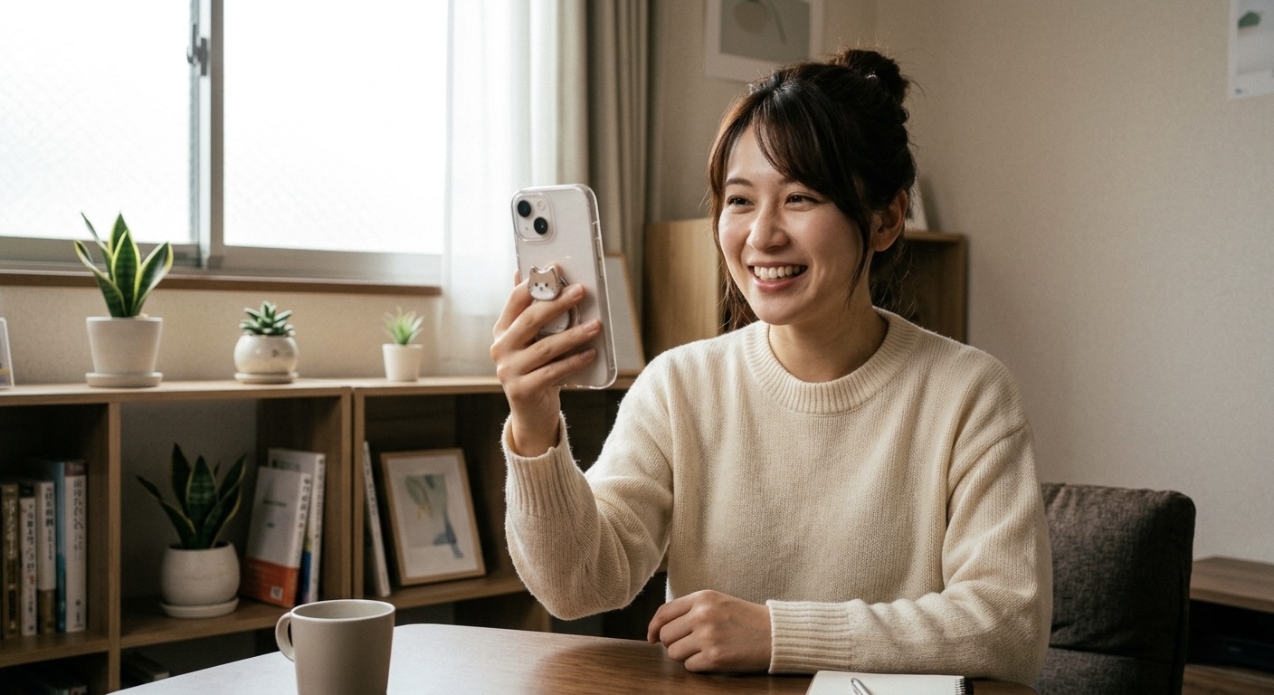 スマートフォンを手に、笑顔で配信するライバー